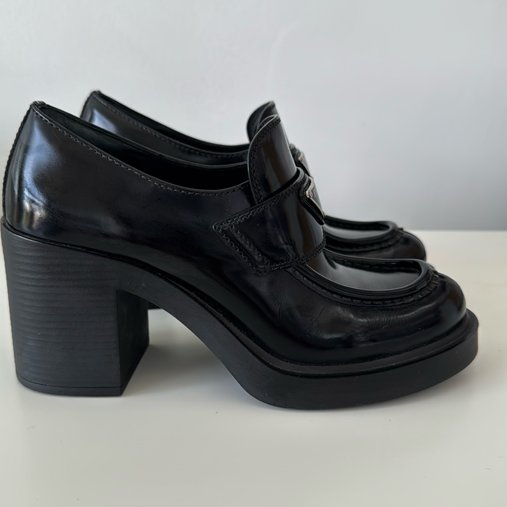 Prada Women's Chocolate Brushed Leather Heeled loafers size 36.5 - Picture 7 of 16
